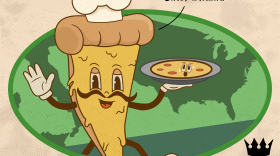 Cartoon pizza carries a pan of pizza, saying "ciao italia"