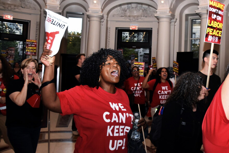 Yale's clerical and technical workers on a rally in Bienecke Plaza October 15, 2026 in New Haven, Connecticut ahead of contract resettlement.
