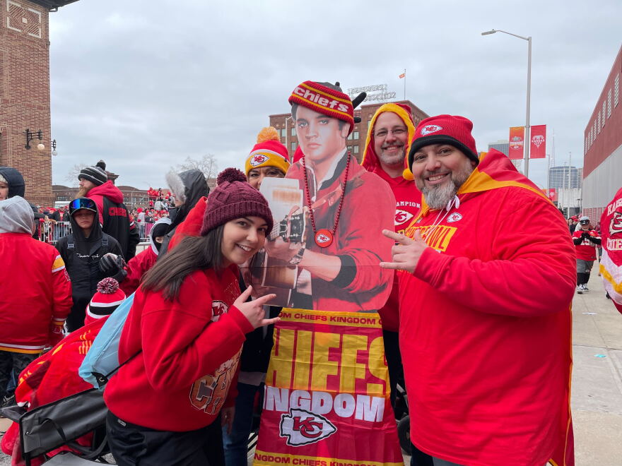  A group of fans along Grand Boulevard brought a life-size cutout of Elvis Presley to the Super Bowl parade on Feb. 15, 2023.