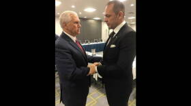 Venezuelan mogul Raul GorrÃ­n (right) with Vice President Mike Pence in Miami last year.