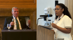 Republican candidate Carey Coleman (left) and democratic incumbent Emilia Sykes running for the 13th Congressional District speak at their respective Akron Press Club forums.