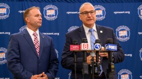 Town of Groton Police Chief LJ Fusaro speaks at a press conference over Automated License Plate Reader (ALPR) and Flock cameras at the Milford Police Academy on August 11th, 2026. Farmington Police Chief Paul Melanson listens on the left.