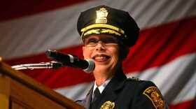 Rebeca Garcia speaks after being sworn-in as Bridgeport's first Hispanic assistant police chief during the 41st Annual Basic Training Session Graduation Ceremony at University of Bridgeport's Arnold Bernhard Center in Bridgeport, Connecticut, on Wednesday Dec. 18, 2019.