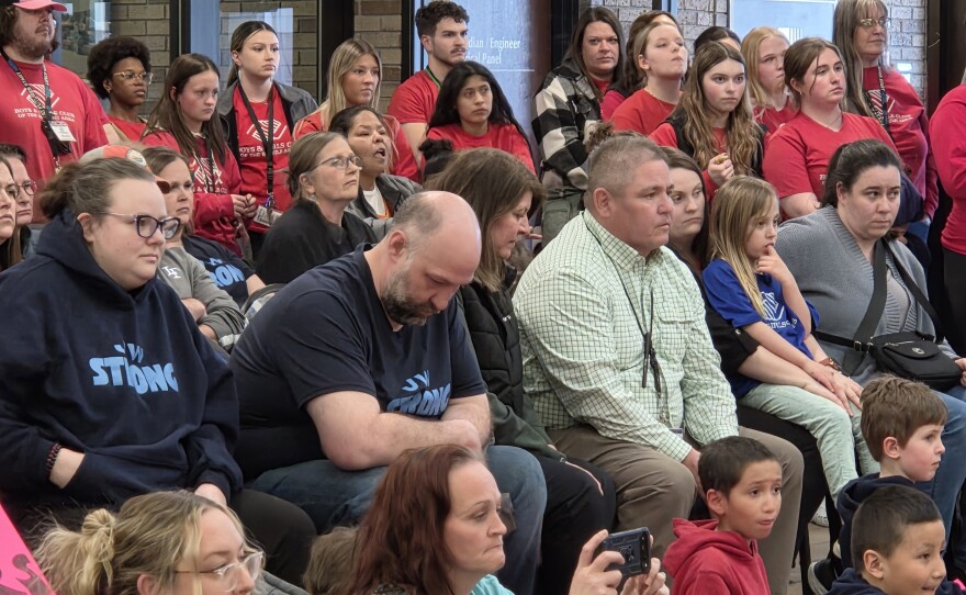 J.W. Smith Principal Bruce Goodwin, shown here in a green checkered shirt, awaits a decision to close the school during a special meeting of Bemidji Area Schools on March 30, 2026.