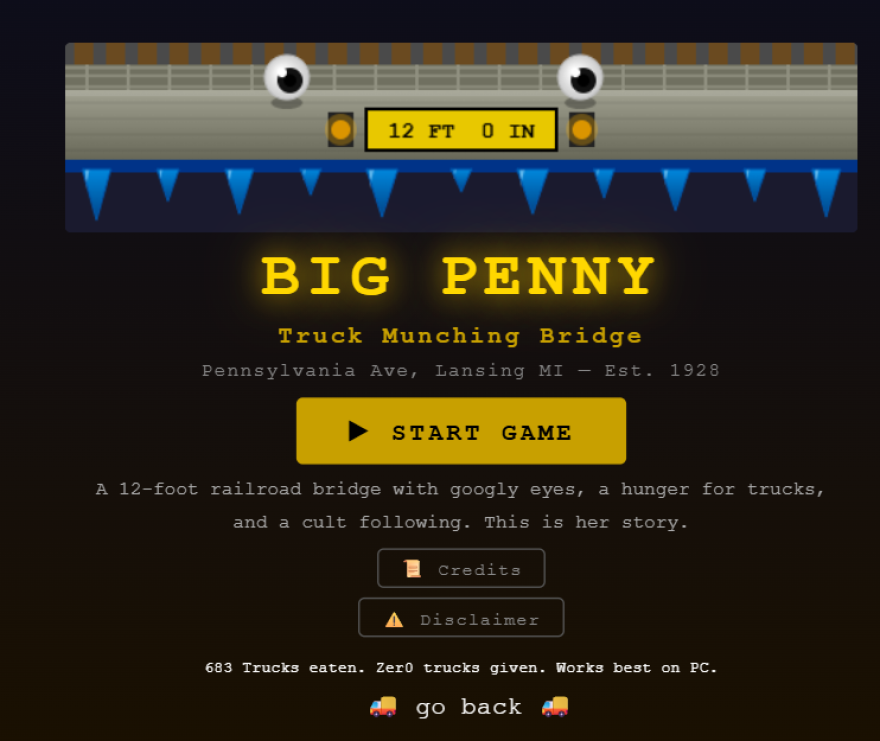Big Penny Truck Munching Bridge start page screen, "A 12-foot railroad bridge with googly eyes, a hunger for trucks, and a cult following this is her study."