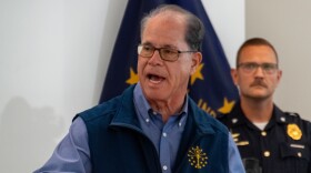 Governor Mike Braun speaks at the Indiana State Police District 22 post in Fort Wayne on Wednesday. He visited multiple posts throughout the state to commend them on their work.
