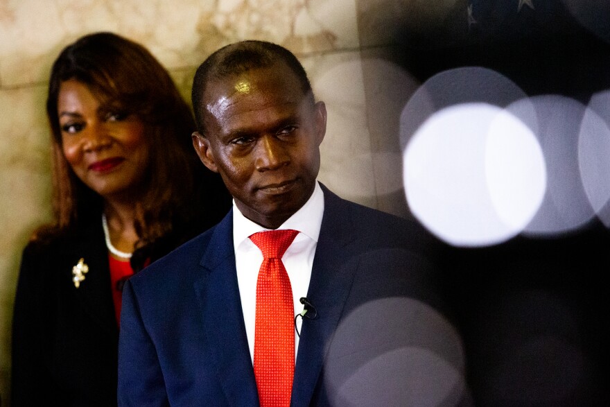 Gabriel Gore is reacts while being named the next St. Louis Circuit Attorney to replace Kim Gardner on Friday, May 19, 2023, during a press conference at the Mel Carnahan Courthouse in downtown St. Louis. Mayor Tishaura Jones stands to the left of Gore.