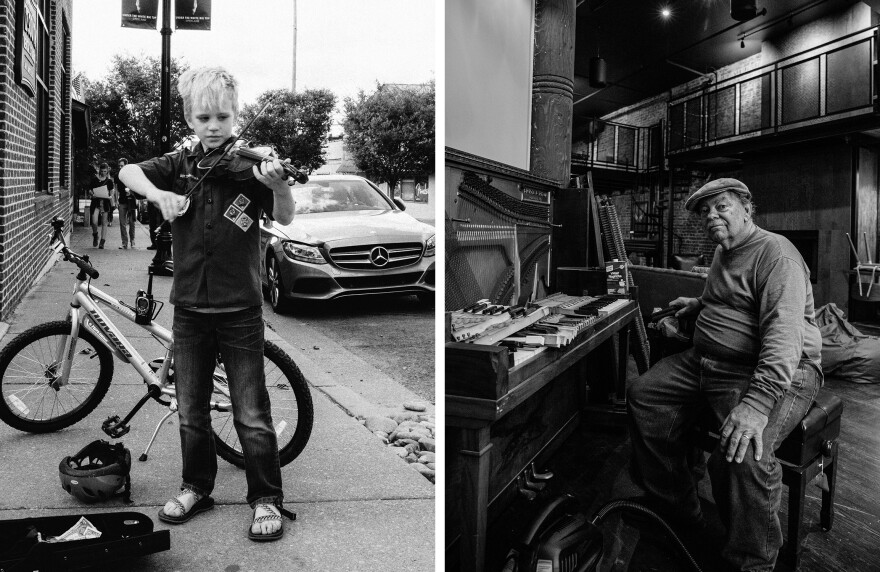 A young street performer shows that if you're old enough to play a fiddle, you're old enough to busk. For those who prefer their music mostly indoors, they can get a piano repaired on Second Avenue.
