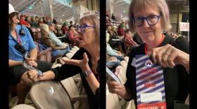 Colorado Sun reporter Sandra Fish at the GOP state assembly in Pueblo before being escorted out by sheriff's deputies.