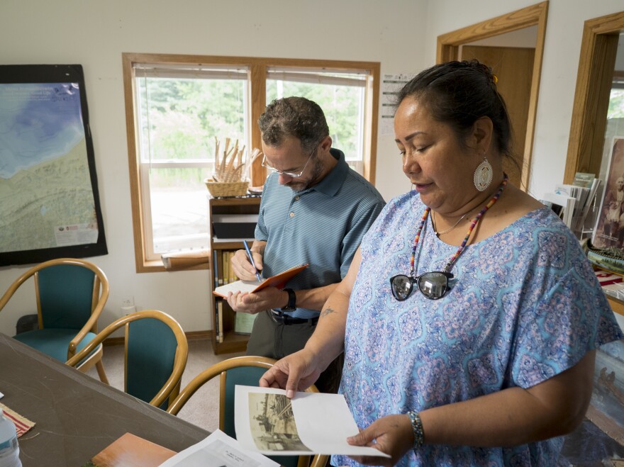 Edith Leoso, the historian for the Bad River Band of the Lake Superior Chippewa Tribe, explains the area's flood history to Nicholas Pinter of the University of California, Davis.