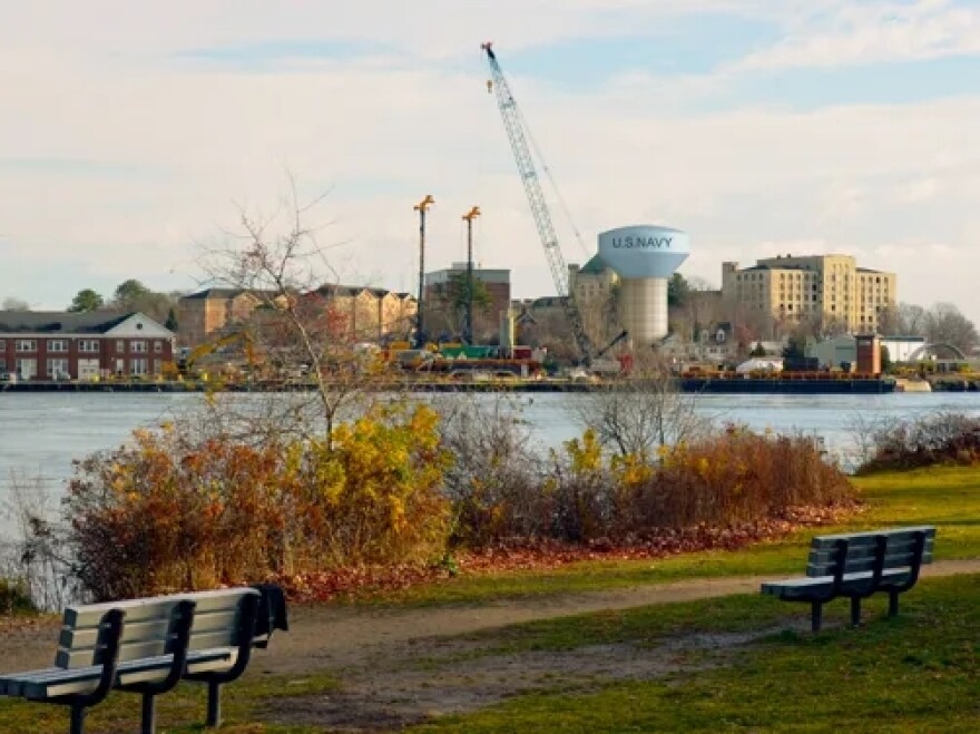 This rendering shows a proposed new 2.5-million-gallon water storage tank that would be installed at Portsmouth Naval Shipyard next to the former Portsmouth Naval Prison. The proposed tank, which would be the second on Seavey Island, is part of a roughly $500 million project.