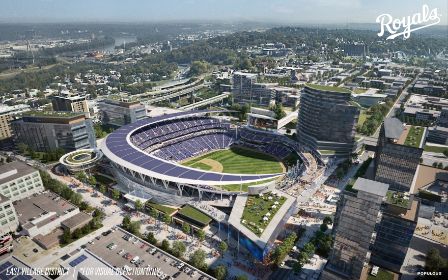 This rendering shows an aerial view of the Royals baseball stadium in Kansas City's East Village.