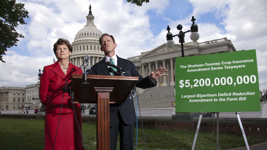 Sens. Jeanne Shaheen, D-N.H., and Pat Toomey, R-Pa., talk to reporters about the farm bill at the U.S. Capitol in June.