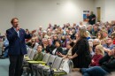 Rep. Chuck Edwards addresses audience questions at a town hall gathering in Asheville on March 13, 2025.