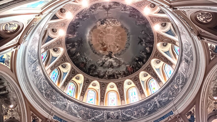 A view of the dome inside Our Lady of Victory Basilica and National Shrine in Lackawanna, NY. According to its pastor, Monsignor David LiPuma, the faces of the angels featured within the artwork feature the likenesses of faces of real babies who were born under Father Nelson Baker's care.