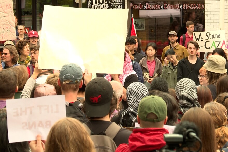 IU students and faculty gather in front of Bryan Hall on Indiana Avenue calling for the resignation of IU President Pamela Whitten, Provost Rahul Shrivastav, and Vice Provost for Faculty and Academic Affairs Carrie Docherty.