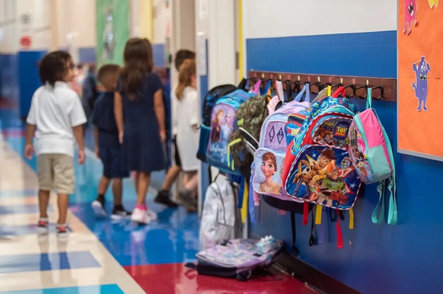 Backpacks lined the halls of Monroe Elementary School in Oklahoma City on the morning of Aug. 11, 2022, the first day of school.