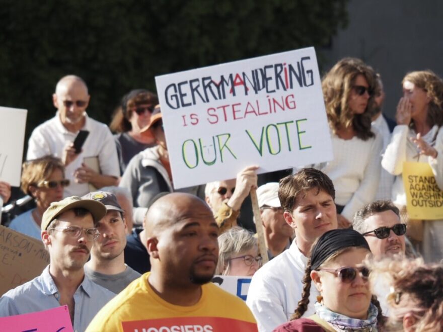 Hoosiers protest potential mid-cycle redistricting outside the Indiana Statehouse on Tuesday, Aug. 26, 2025.