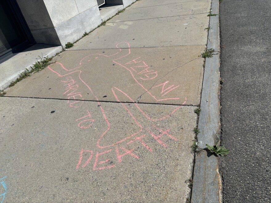 Artwork drawn by Pro-Palestinian protesters outside the Cumberland County Courthouse on July 24, 2025.