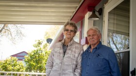 Dave and Kay Larsen outside their Provo mobile home, April 4, 2026. They have lived in the Shady Acres mobile home park for 30 years and say it's all they can afford on their fixed income.