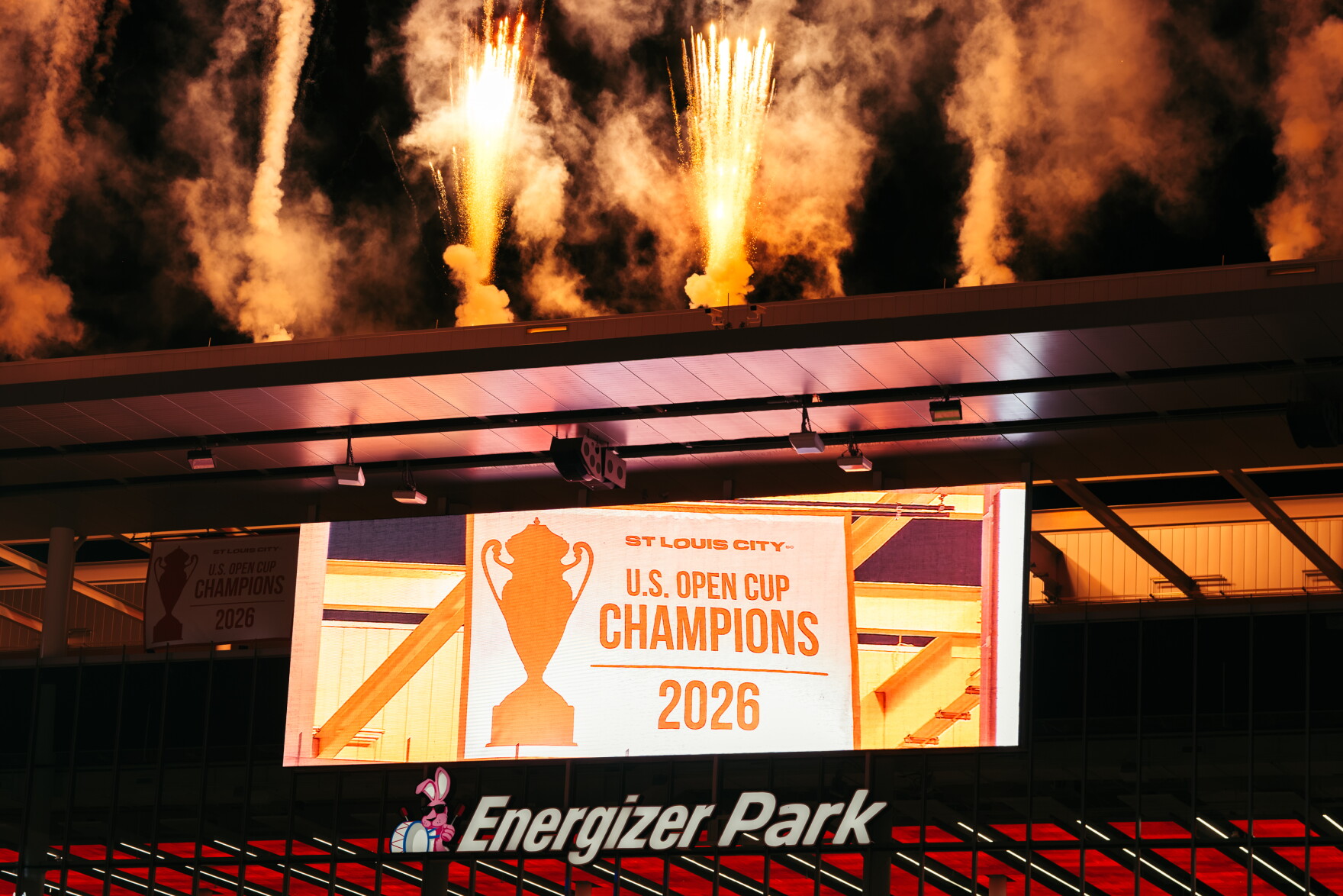 St. Louis City SC’s 2026 Lamar Hunt U.S. Open Cup championship banner is unveiled amid pyrotechnics on Wednesday, Oct. 28, 2026, at Energizer Park.