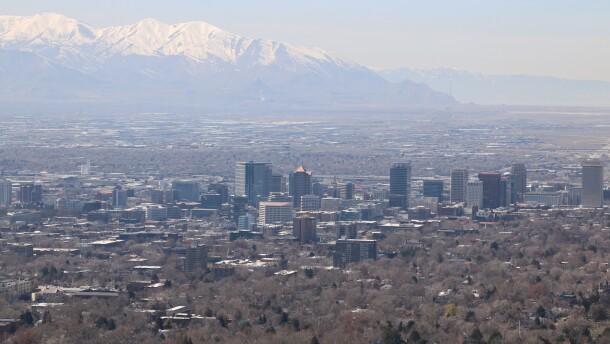 An overhead view of downtown Salt Lake City, Utah, as smog hangs over the city.