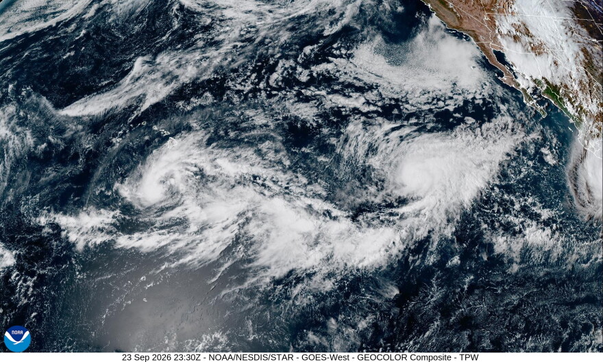 A satellite image shows Tropical Storm Nolo getting close to Hawaiʻi Island Wednesday morning.