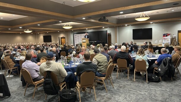 Gov. Larry Rhoden speaks to the South Dakota Farmers Union 110th State Convention pm Dec. 10, 2025, in Huron, SD.