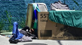 A homeless man sleeps beside his makeshift temporary shelter on a street in downtown Los Angeles in June 2018. (Photo by Frederic J. BROWN / AFP)        (Photo credit should read FREDERIC J. BROWN/AFP/Getty Images)