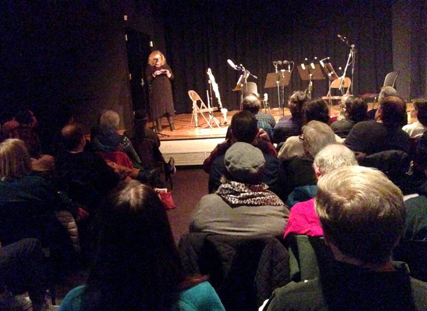 Priscilla Page welcomes the audience at a Pioneer Valley Jazz Shares concert at Hampshire College in Amherst, Massachusetts.