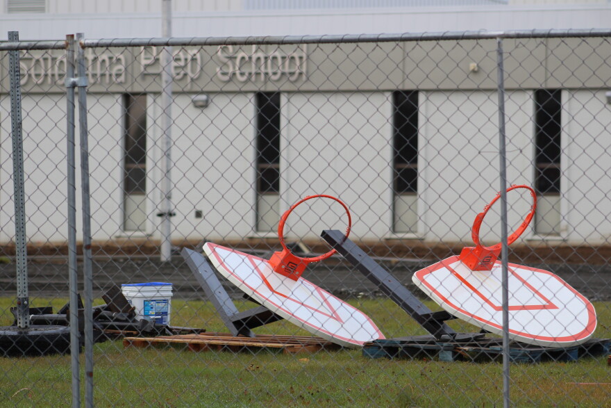 Basketball hoops sit on the lawn at Soldotna Prep School on Tuesday, Oct. 6, 2026 in Soldotna, Alaska.
