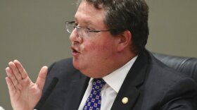 Rep. Randy Fine, R-Palm Bay, debates against an amendment to a bill on migrant transportation during an Appropriations Committee meeting Monday, Feb. 6, 2023, in the Knott Building at the Capitol in Tallahassee, Fla. The amendment was defeated. Florida legislators are meeting in a two-week special session to take up a list of issues proposed by Gov. Ron DeSantis. (AP Photo/Phil Sears)