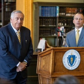 Massachusetts House Speaker Ronald Mariano and Ways and Means Chairman Aaron Michlewitz (right) brief the press on House leadership's fiscal 2025 budget bill, April 10, 2024.