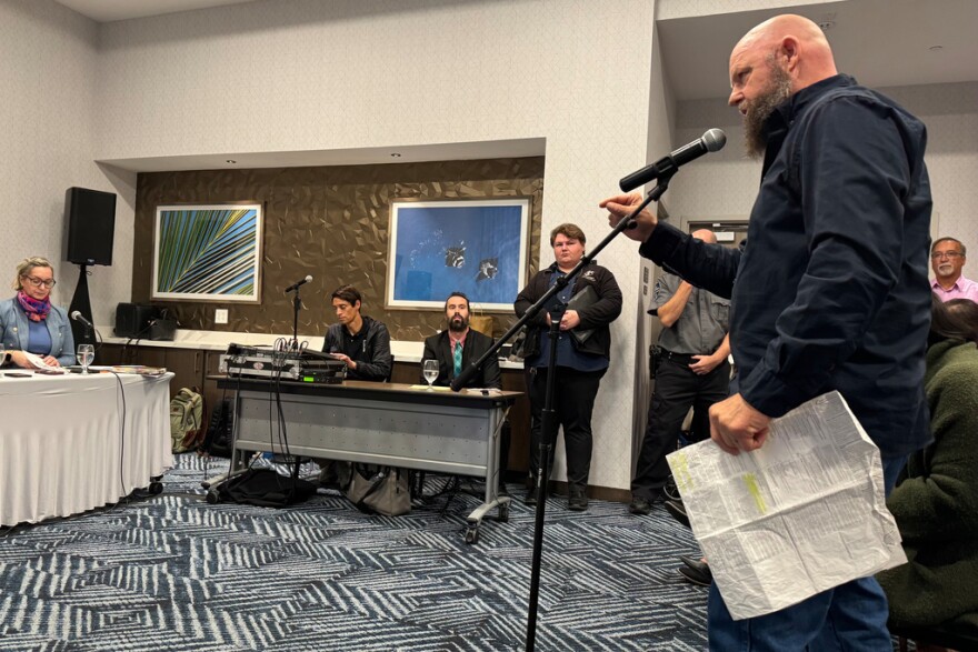 Larry Downs of Pensacola testifies against childhood vaccine mandates at a public hearing held by Florida's Department of Health on Friday, Dec. 12, 2025 in Panama City Beach.