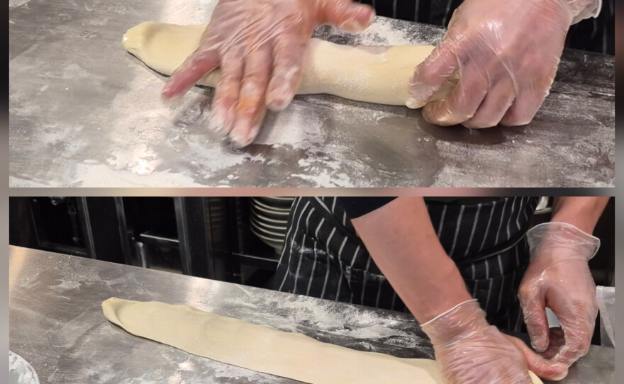 Prepping the dough for a portion of noodles.