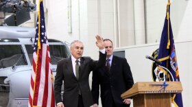 Congressman Maurice Hinchey (left) appearing in Owego with Lockheed Martin Vice President Dan Spoor (right).