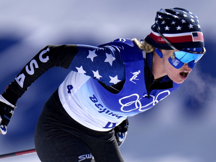 Jessie Diggins competes during the women's 30km mass start free cross-country skiing competition at the 2022 Winter Olympics, Sunday, Feb. 20, 2022, in Zhangjiakou, China. (AP Photo/Alessandra Tarantino)