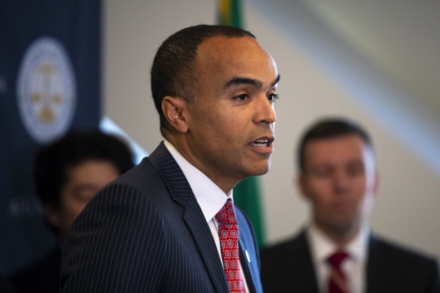Washington Attorney General Nick Brown addresses members of the press after filing a lawsuit against President Donald Trump’s executive order on birthright citizenship, on Tuesday, January 21, 2025, at the Attorney General’s Office in Seattle. 