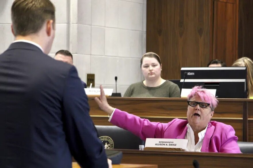 North Carolina state Rep. Allison Dahle, a Wake County Democrat, questions Nash County Republican Rep. Allen Chesser about a handgun access bill during a committee meeting at the Legislative Building in Raleigh, N.C., on Wednesday, Feb. 15, 2023.