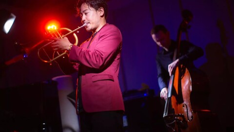 Jun Iida performs inside the KNKX studios in 2024.