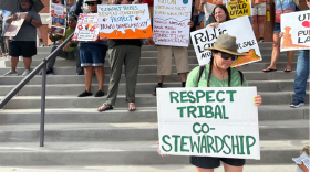 A crowd of people hold signs on a staircase. The sign closest to the camera reads, "Respect tribal co-stewardship." 