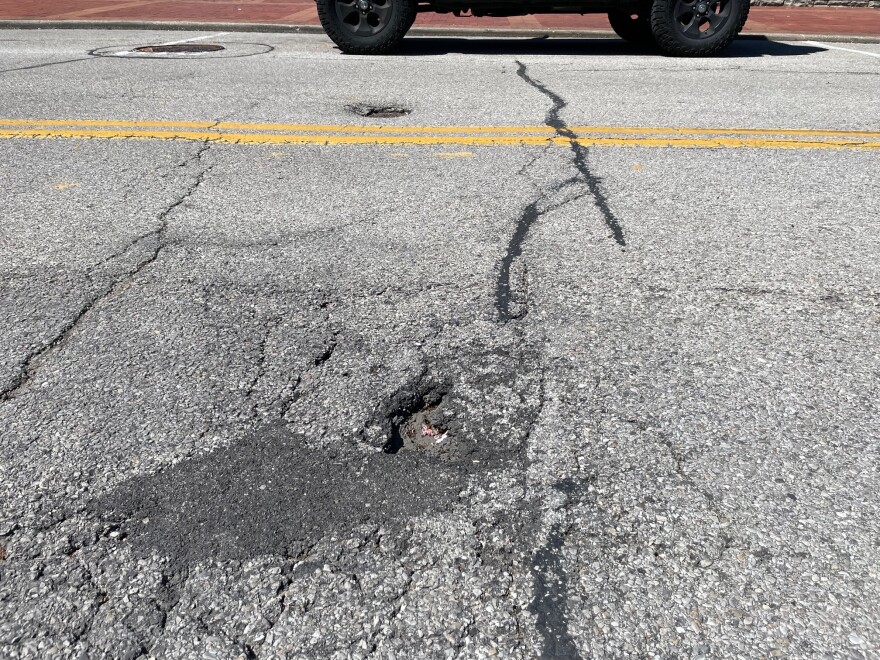 A pothole in Downtown Evansville