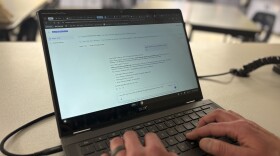 Hands type at a computer.