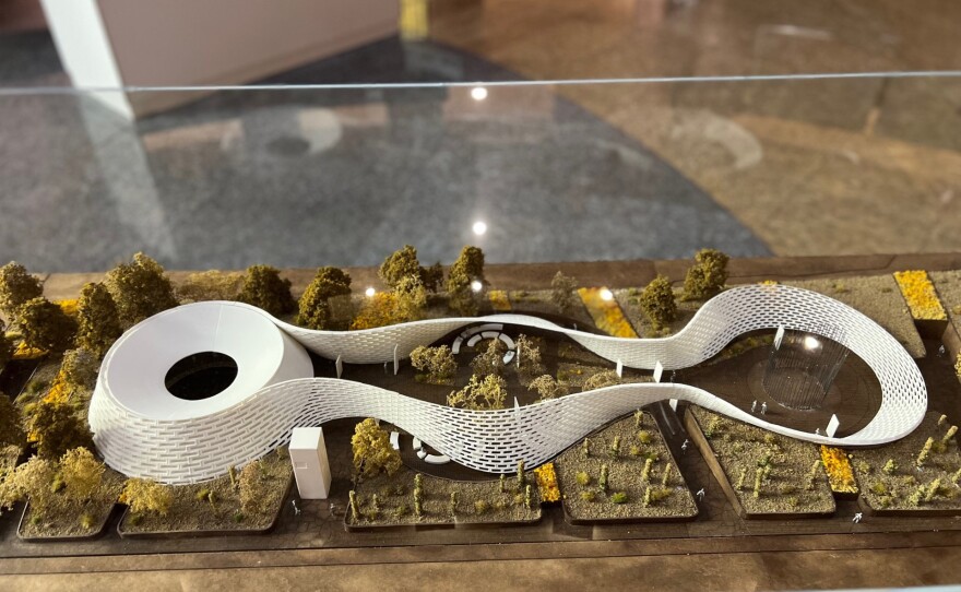 Models of proposed 1 October monuments are seen in the Clark County Government Center in July 2023.