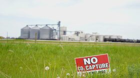 A sign opposes Wabash Valley Resource’s proposed sequestration development. 