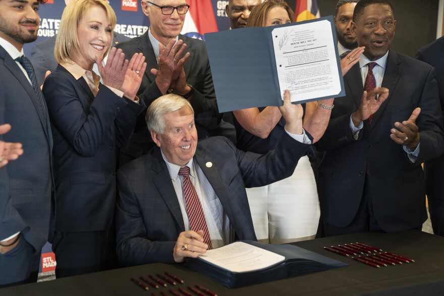 Missouri Gov. Mike Parson after signing  Intern and Apprentice Recruitment Act in St. Louis on Tuesday, August 8, 2023. The law incentivizes businesses in the state to add new intern or apprentice positions to their payrolls.