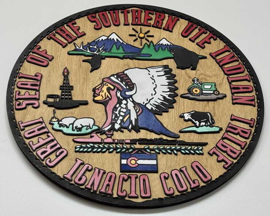 A wooden seal of the Southern Ute Indian Tribe at the Durango-La Plata County Airport in Colorado.