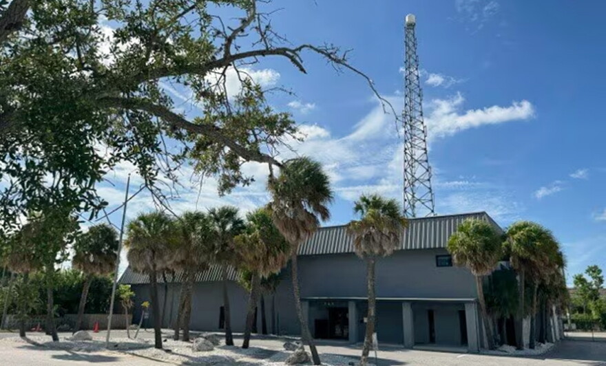 Outside  of a building with palm trees surrounding it 