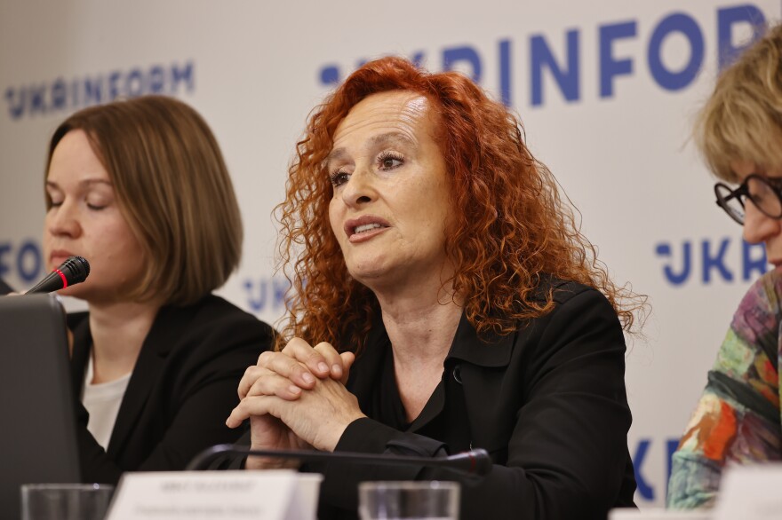 Senior Crisis Advisor of Amnesty International Donatella Rovera (center) released a report August 4, 2022 condemning the Ukrainian army for putting civilians at risk, a possible war crime.