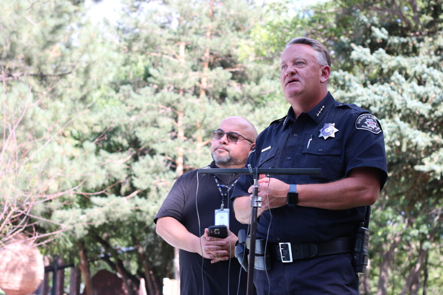 Boulder County Sheriff Curtis Johnson shares updates on the Stone Canyon Fire in Lyons on Tuesday at a press conference. The fire is the second blaze that started this week to force northern Colorado residents to evacuate their homes.
